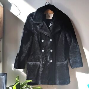 Vintage White Stag Faux Fur Coat, M, Black
